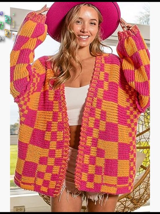 Vintage Plaid Cardigan Sweater Chunky Knit Oversized Boyfriend Style Open Front - Picture 6 of 7